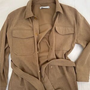 Zara Tan Belted Utility Shirt Jacket